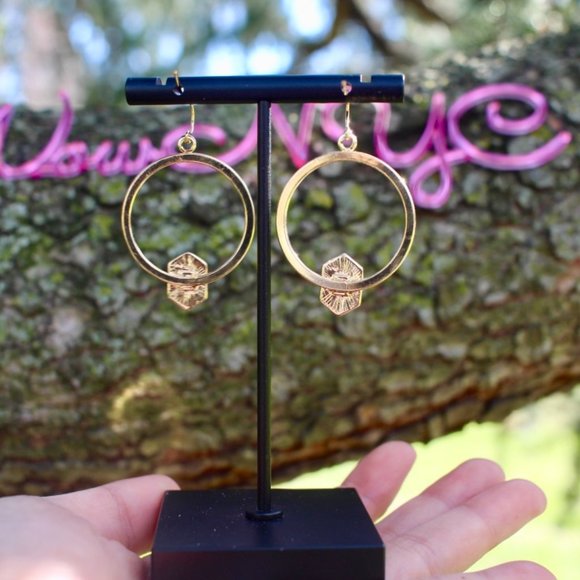 New Anthro Gold Druzy Sparkle Hoops Drop Earrings - Picture 9 of 12